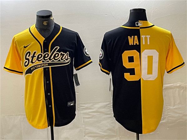 Pittsburgh Steelers #90 T. J. Watt Yellow Black Split With Patch Cool Base Stitched Jersey