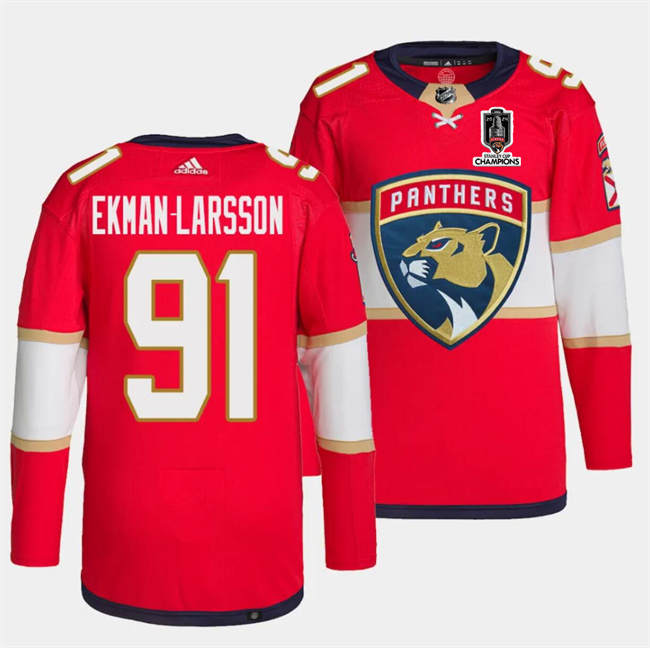 Florida Panthers #91 Oliver Ekman-Larsson Red Home 2024 Stanley Cup Champions Stitched Jersey
