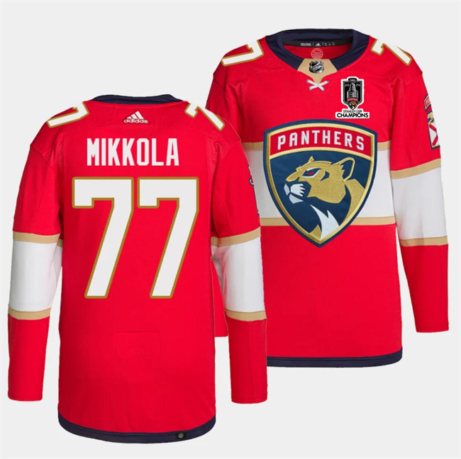 Florida Panthers #77 Niko Mikkola Red Home 2024 Stanley Cup Champions Stitched Jersey