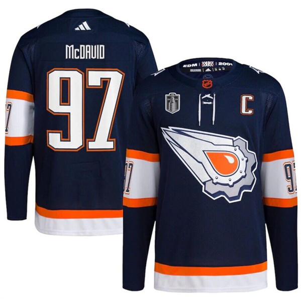 Edmonton Oilers #97 Connor McDavid Navy 2024 Stanley Cup Final Patch Reverse Retro Stitched Jersey