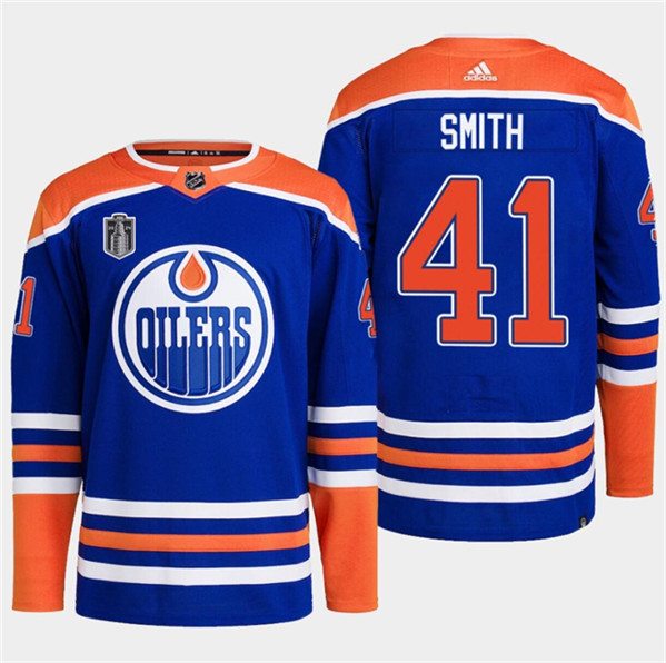 Edmonton Oilers #41 Mike Smith Royal 2024 Stanley Cup Final Patch Stitched Jersey