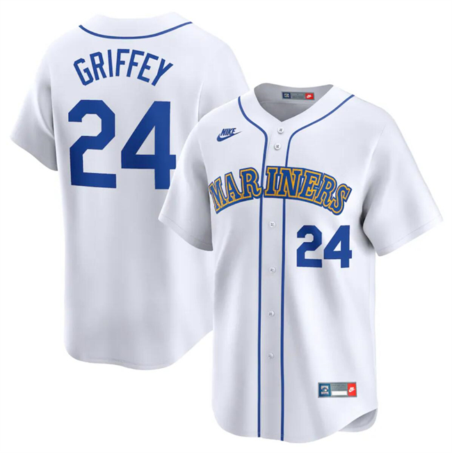 Seattle Mariners #24 Ken Griffey Jr. White Throwback Cooperstown Limited Stitched Jersey