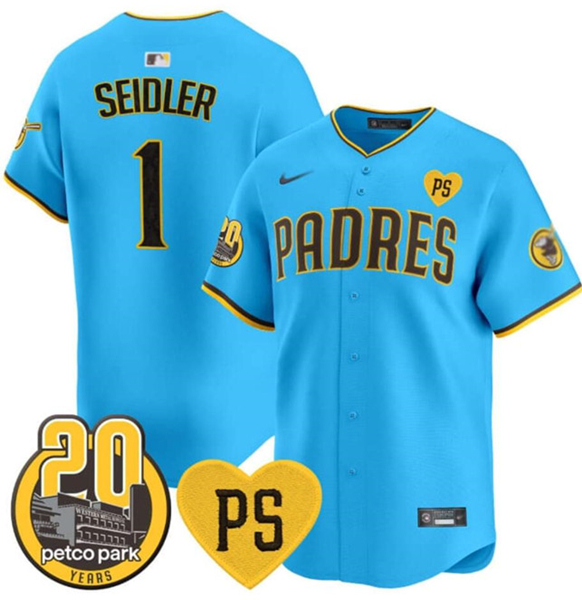 San Diego Padres Custom Blue “For Peter” And Petco Park 20th Patch Limited Stitched Jersey
