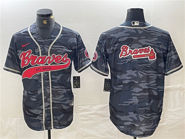 Atlanta Braves Gray Camo Team Big Logo Cool Base With Patch Stitched Jersey