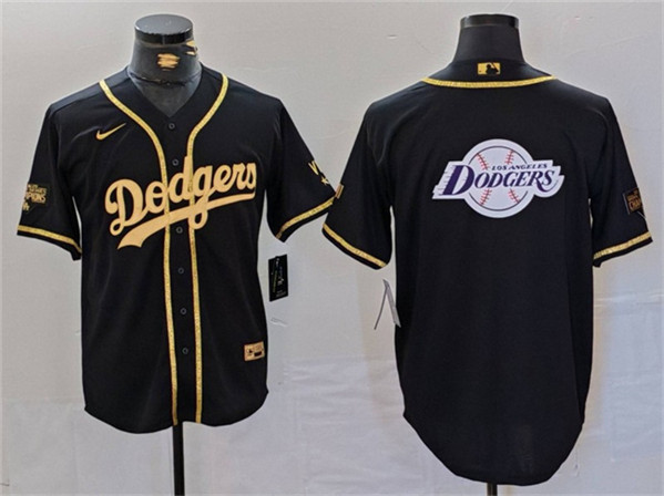 Los Angeles Dodgers Team Big Logo Black Gold World Series Champions Cool Base With Patch Stitched Jersey