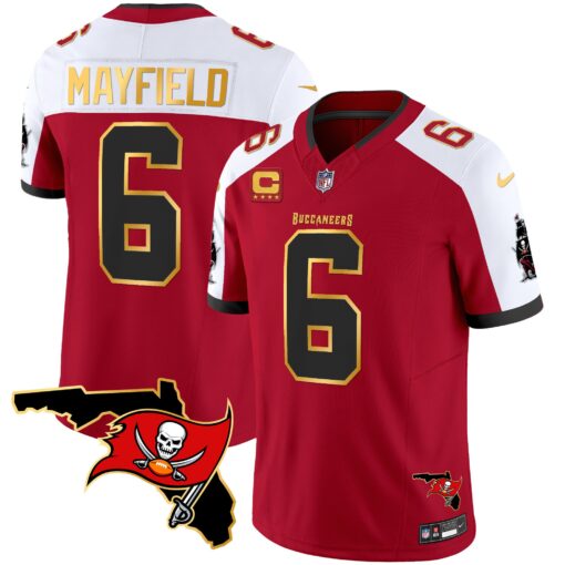 Tampa Bay Buccaneers #6 Baker Mayfield Red White With Florida Patch Gold Trim Vapor Stitched Jersey