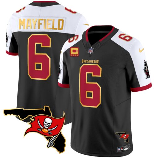 Tampa Bay Buccaneers #6 Baker Mayfield Black White With Florida Patch Gold Trim Vapor Stitched Jersey