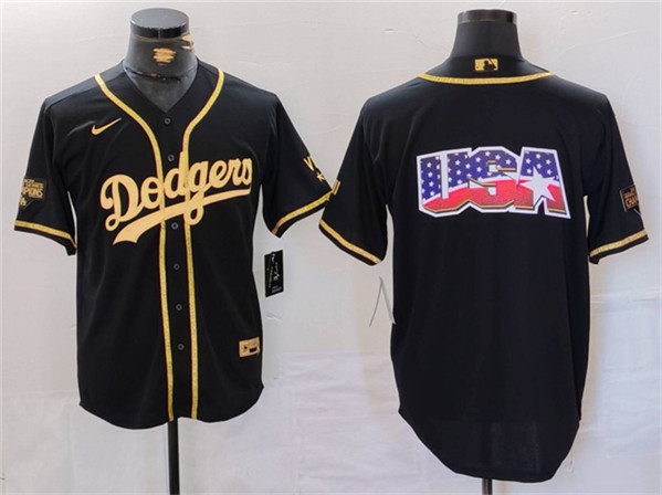 Los Angeles Dodgers Team Big Logo Black Gold Cool Base With Patch Stitched Jersey