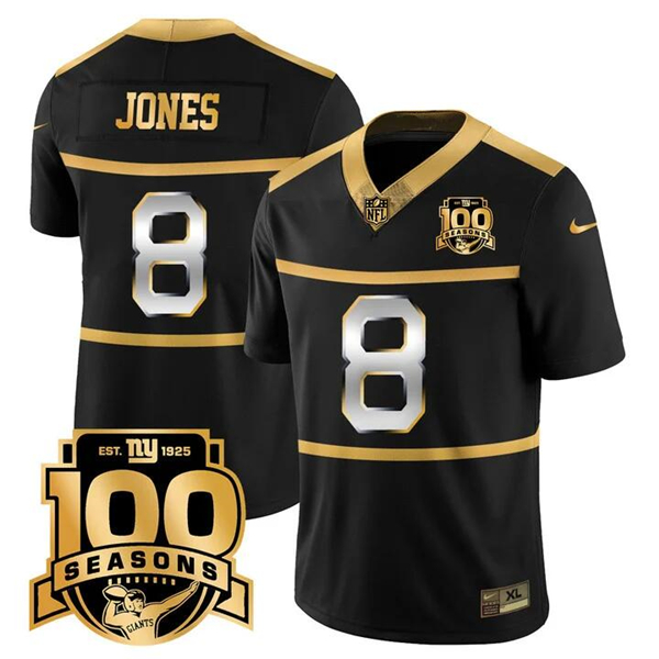 New York Giants #8 Daniel Jones Black Gold 100TH Season Commemorative Patch Limited Stitched Jersey