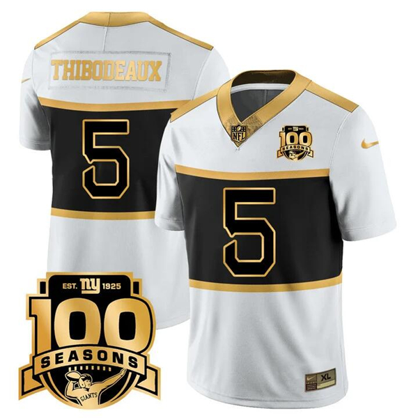 New York Giants #5 Kayvon Thibodeaux White Gold 100TH Season Commemorative Patch Limited Stitched Jersey