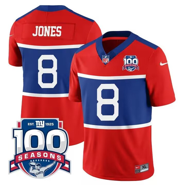 New York Giants #8 Daniel Jones Century Red 100TH Season Commemorative Patch Limited Stitched Jersey