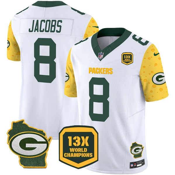 Green Bay Packers #8 Josh Jacobs White 2024 F.U.S.E. 13 Time World Champions And Home Patch Vapor Untouchable Limited Stitched Jersey