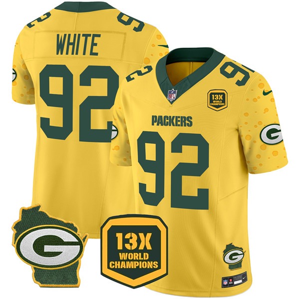 Green Bay Packers #92 Reggie White Gold 2024 F.U.S.E. 13 Time World Champions And Home Patch Vapor Untouchable Limited Stitched Jersey