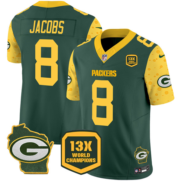 Green Bay Packers #8 Josh Jacobs Green 2024 F.U.S.E. 13 Time World Champions And Home Patch Vapor Untouchable Limited Stitched Jersey