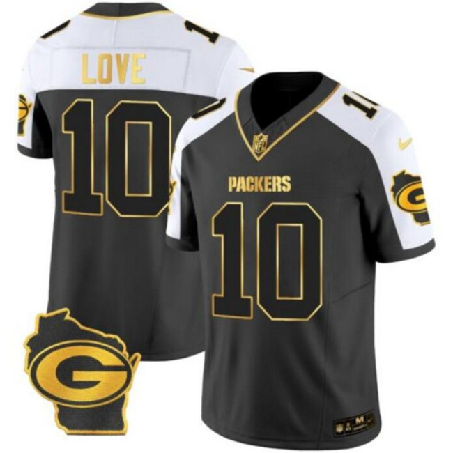 Green Bay Packers #10 Jordan Love Black White Gold 2024 F.U.S.E. Home Patch Vapor Untouchable Limited Stitched Jersey