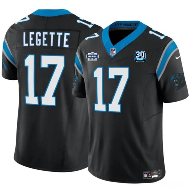 Carolina Panthers #17 Xavier Legette Black 2024 With Dradt Patch And 30th Anniversary Patch F.U.S.E. Vapor Limited Stitched Jersey