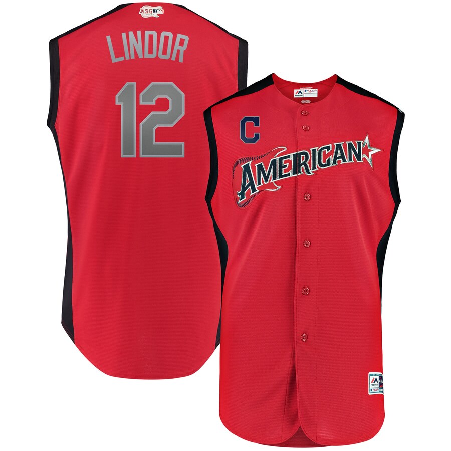 American League #12 Francisco Lindor Red 2019 All-Star Game Workout Stitched Jersey