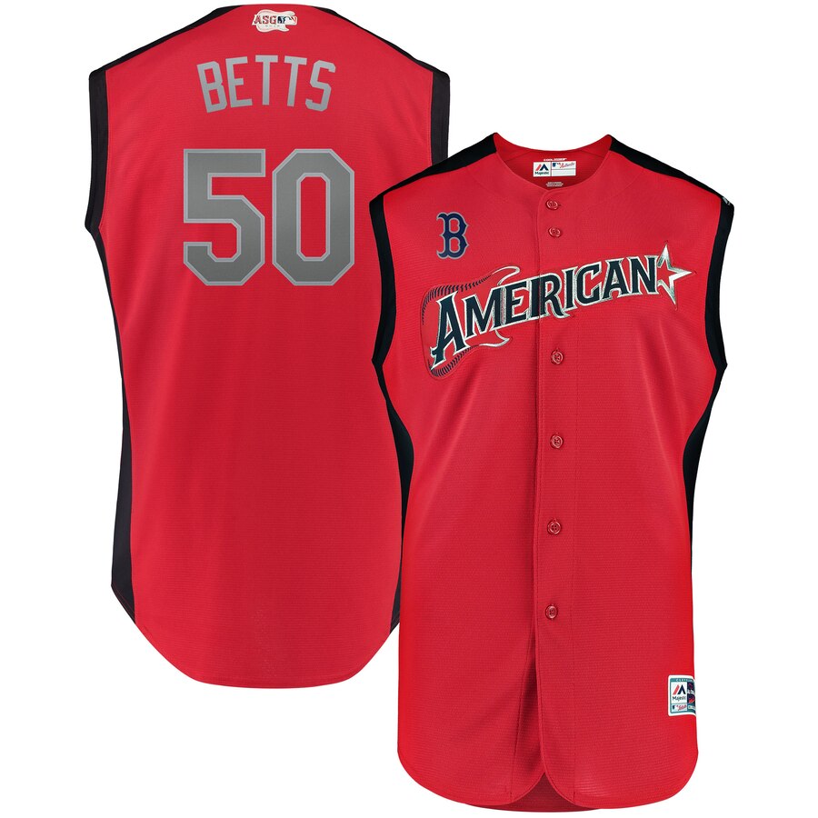 American League #50 Mookie Betts Red 2019 All-Star Game Workout Stitched Jersey