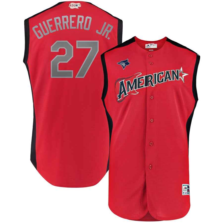 American League #27 Vladimir Guerrero Jr. Red 2019 All-Star Game Workout Stitched Jersey