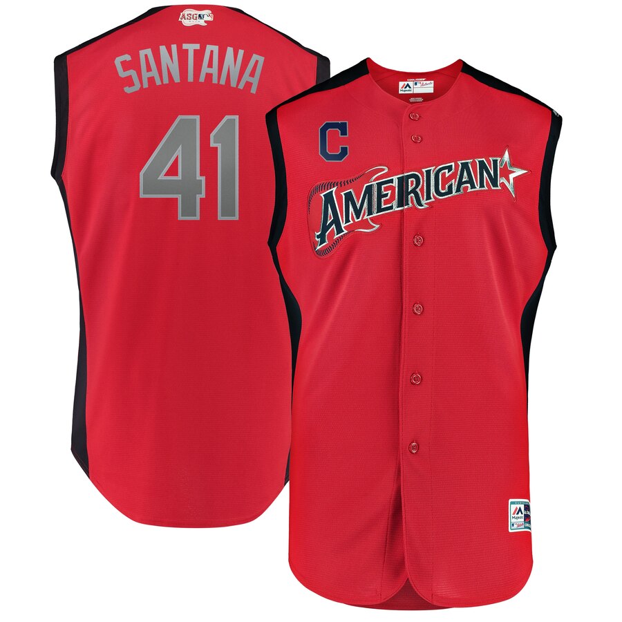 American League #41Carlos Santana Red 2019 All-Star Game Workout Stitched Jersey