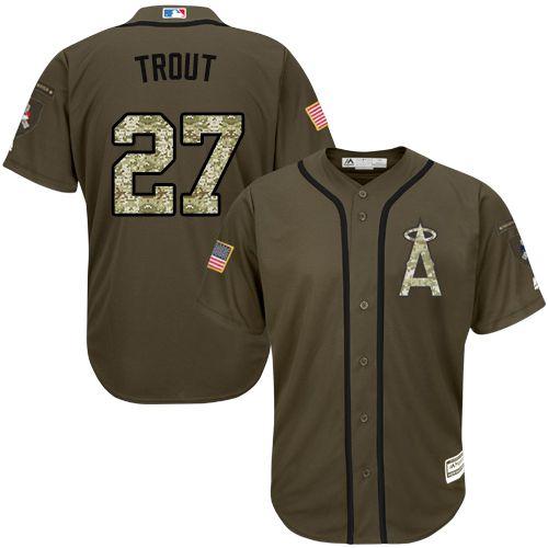 Angels Of Anaheim #27 Mike Trout Green Salute To Service Stitched Jersey