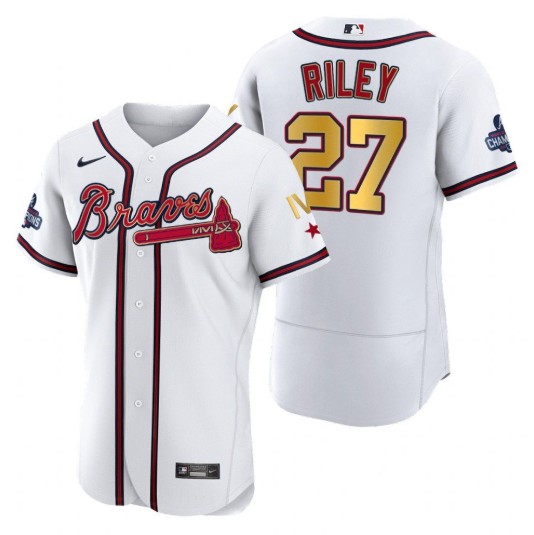 Atlanta Braves #27 Austin Riley White Gold World Series Champions Flex Base Stitched Jersey