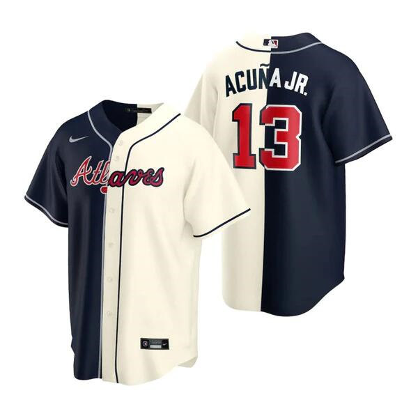 Atlanta Braves #13 Ronald Acuna Jr. Navy Cream Spilt Cool Base Stitched Baseball Jersey