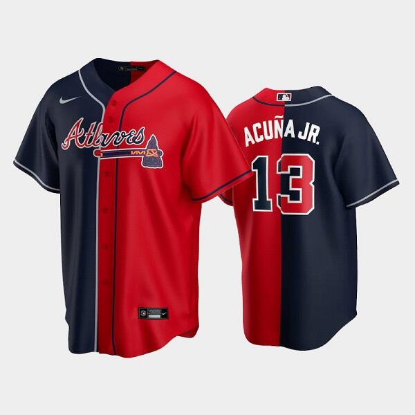 Atlanta Braves #13 Ronald Acuna Jr. Navy Red Spilt Cool Base Stitched Baseball Jersey