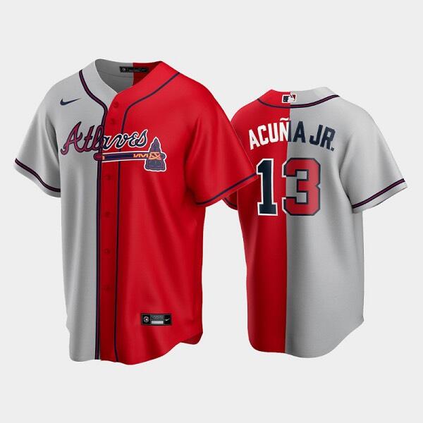 Atlanta Braves #13 Ronald Acuna Jr. Gray Red Spilt Cool Base Stitched Baseball Jersey