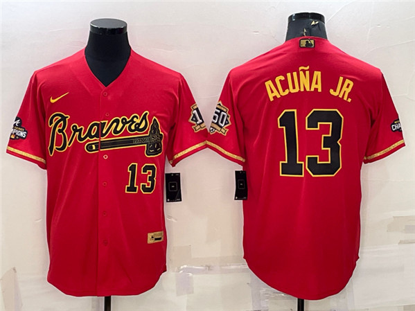 Atlanta Braves #13 Ronald Acuna Jr. Red Gold Cool Base Stitched Baseball Jersey