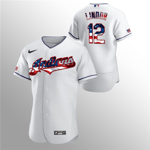 Cleveland Indians White #12 Francisco Lindor 2020 Stars Stripes Flex Base Stitched Jersey