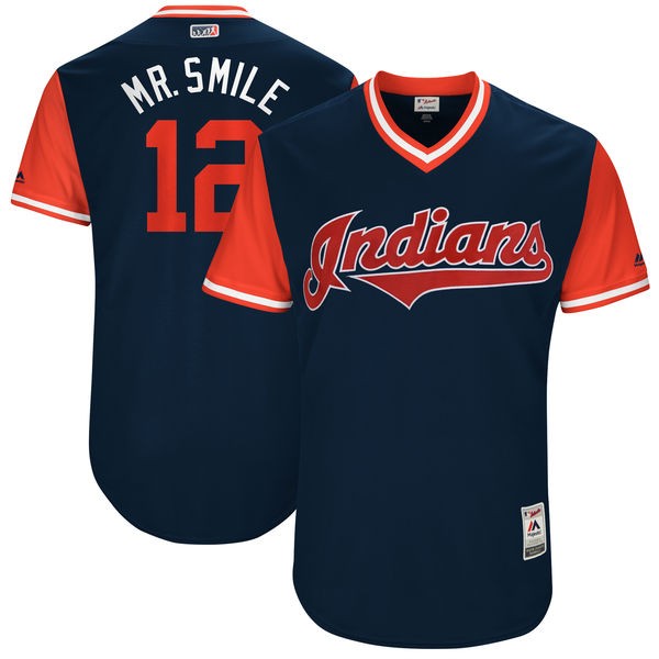 Cleveland Indians #12 Francisco Lindor 'Mr. Smile' Navy Red Cool Base Stitched Jersey