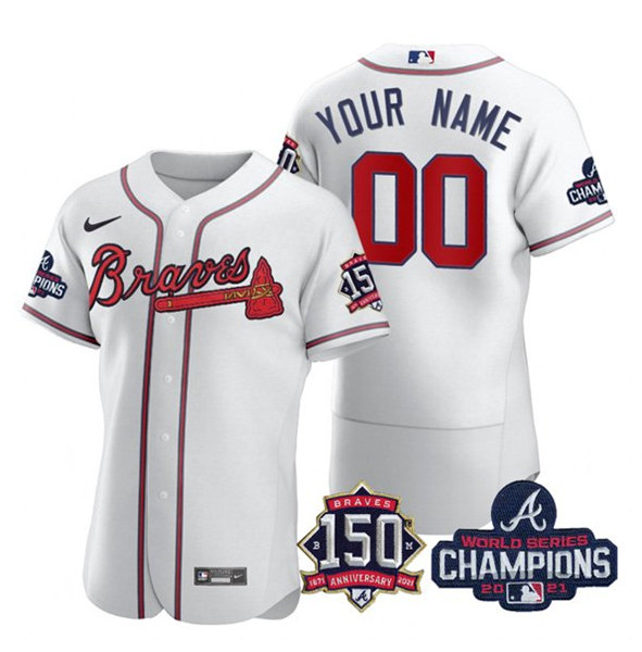 Atlanta Braves White Customized Custom 2021 World Series Champions With 150th Anniversary Stitched Jersey