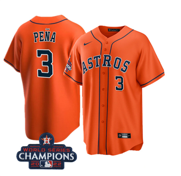 Houston Astros #3 Jeremy Pena Orange 2022 World Series Champions Cool Base With No. In Front Stitched Baseball Jersey