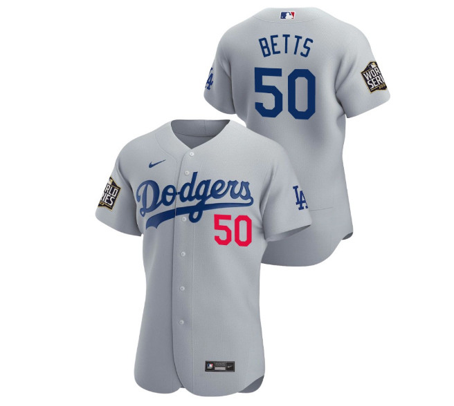 Los Angeles Dodgers #50 Mookie Betts Gray 2020 World Series Sttiched Jersey