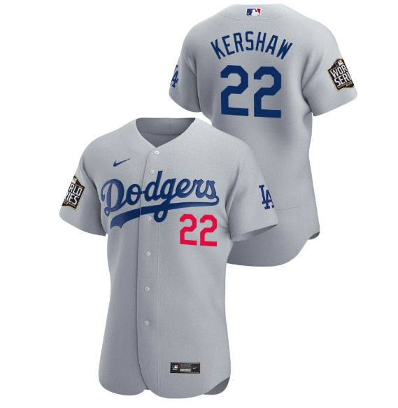Los Angeles Dodgers #22 Clayton Kershaw Gray 2020 World Series Sttiched Jersey