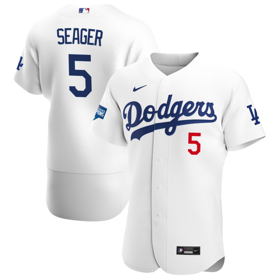 Los Angeles Dodgers #5 Corey Seager 2020 White World Series Champions Patch Sttiched Jersey