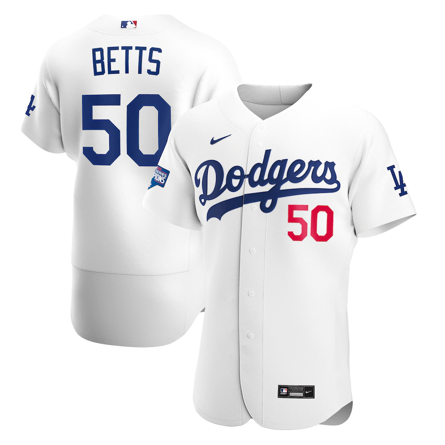 Los Angeles Dodgers #50 Mookie Betts 2020 White World Series Champions Patch Sttiched Jersey