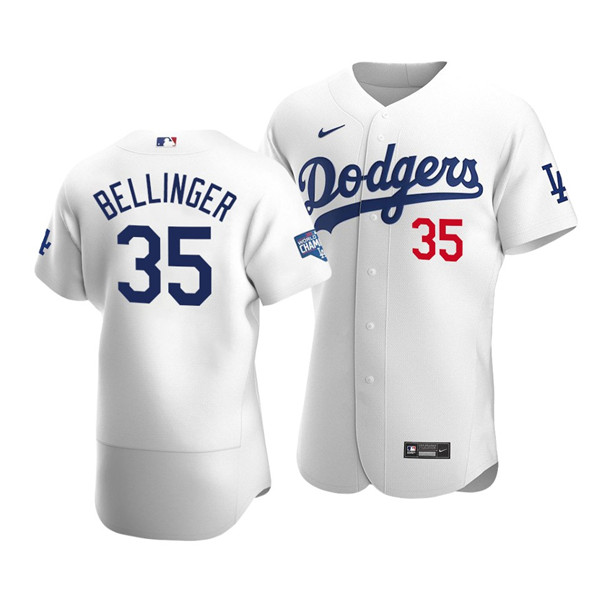 Los Angeles Dodgers #35 Cody Bellinger 2020 White World Series Champions Patch Flex Base Sttiched Jersey