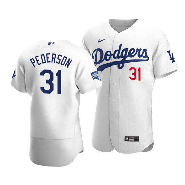 Los Angeles Dodgers #31 Joc Pederson 2020 White World Series Champions Patch Flex Base Sttiched Jersey