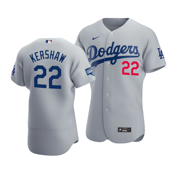 Los Angeles Dodgers #22 Clayton Kershaw 2020 Grey World Series Champions Patch Flex Base Sttiched Jersey