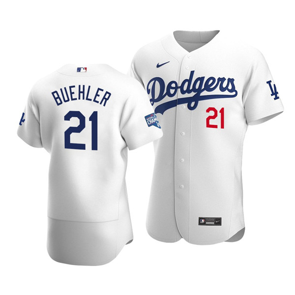 Los Angeles Dodgers #21 Walker Buehler 2020 White World Series Champions Patch Flex Base Sttiched Jersey