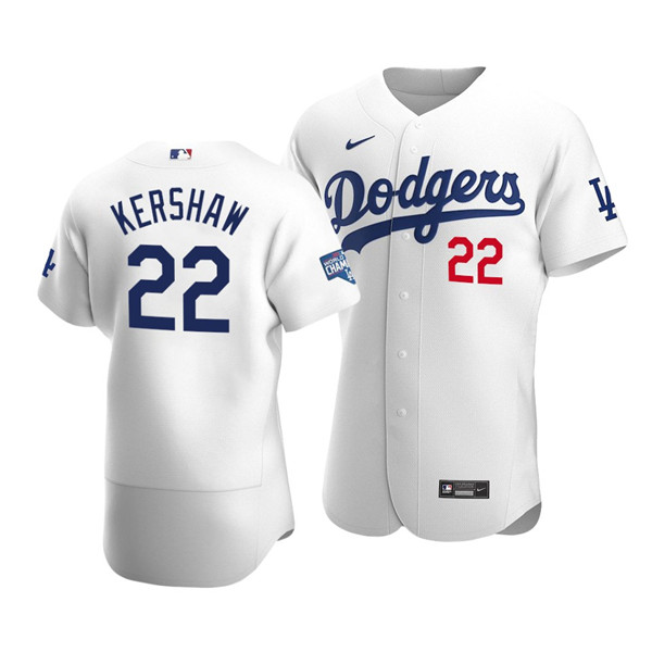 Los Angeles Dodgers #22 Clayton Kershaw 2020 White World Series Champions Patch Flex Base Sttiched Jersey