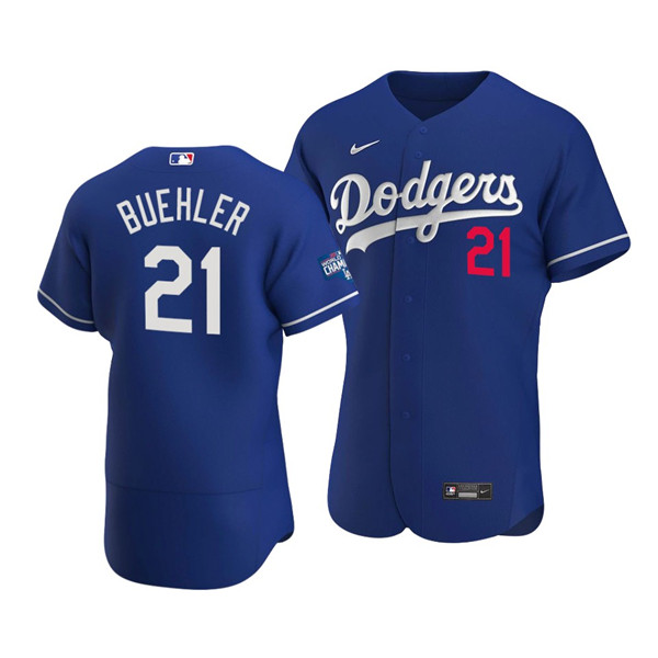 Los Angeles Dodgers #21 Walker Buehler 2020 Blue World Series Champions Patch Flex Base Sttiched Jersey