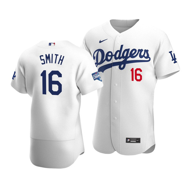 Los Angeles Dodgers #16 Will Smith 2020 White World Series Champions Patch Flex Base Sttiched Jersey