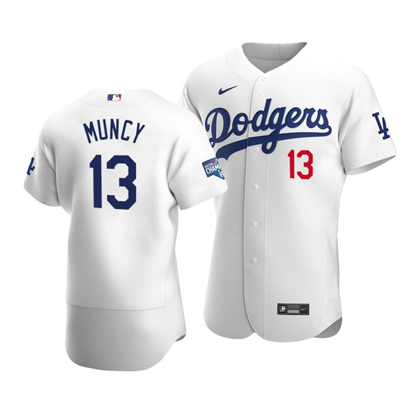 Los Angeles Dodgers #13 Max Muncy 2020 White World Series Champions Patch Flex Base Sttiched Jersey
