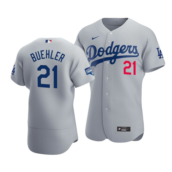 Los Angeles Dodgers #21 Walker Buehler 2020 Grey World Series Champions Patch Flex Base Sttiched Jersey