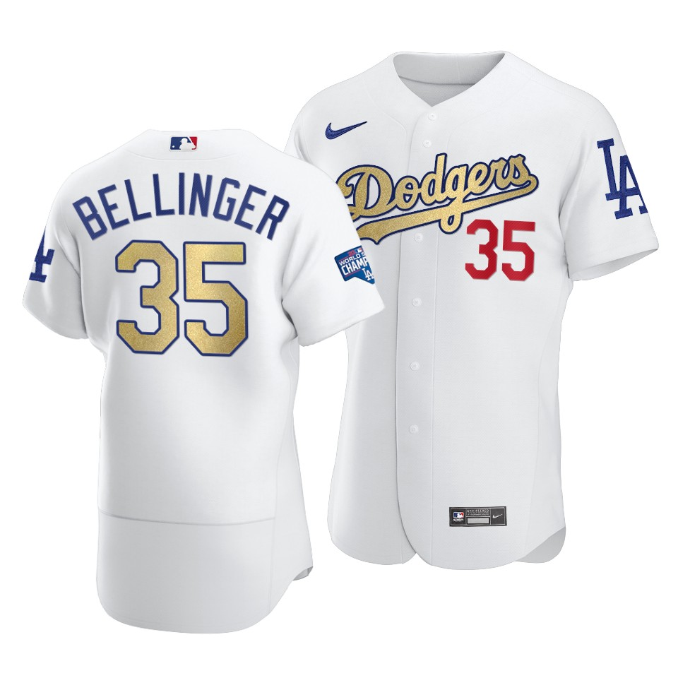 Los Angeles Dodgers #35 Cody Bellinger 2021 White Gold World Series Champions Patch Sttiched Jersey