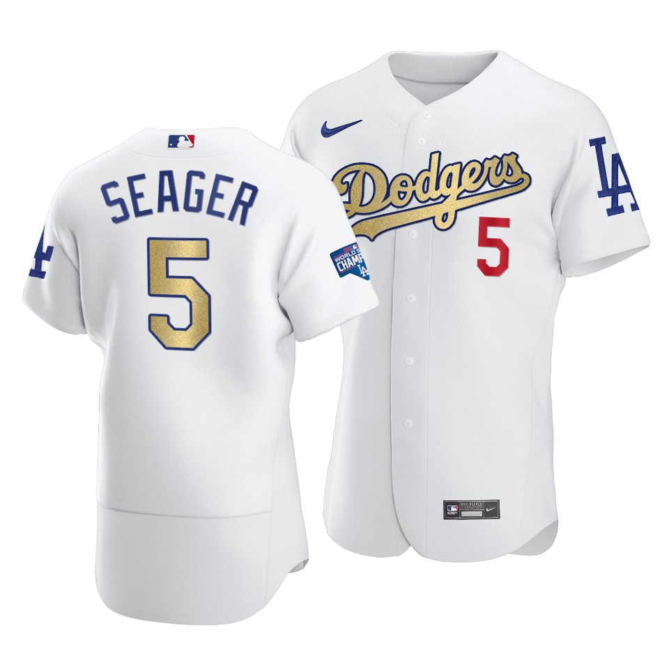 Los Angeles Dodgers #5 Corey Seager 2021 White Gold World Series Champions Patch Sttiched Jersey