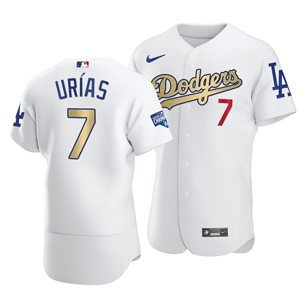 Los Angeles Dodgers #7 Julio Urias 2021 White Gold World Series Champions Patch Sttiched Jersey